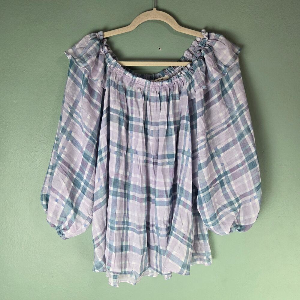 Zac & Rachel Womens Pastel Multicolor Purple Plaid Off The Shoulder Top Size XL